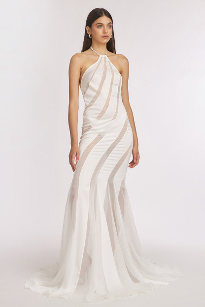 Halter Satin Sheer Chiffon Patchwork Mermaid Maxi Dresses-White-Hayhty.All Rights Reserved.