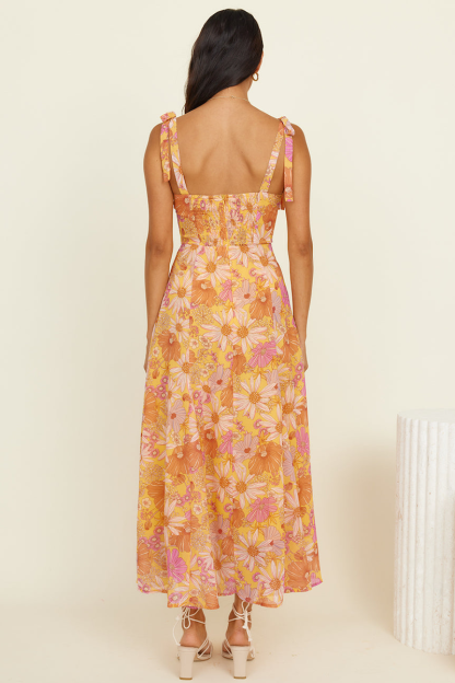 Floral Print Boat Neckline Tie Up Wide Strap A-Line Midi Dresses-Orange-Hayhty.All Rights Reserved.