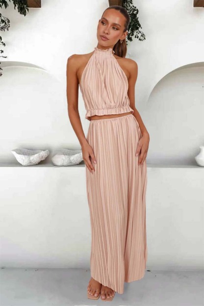 Tied Up Halter Neck Backless Crop Top Slit Maxi Skirt Pleated Slim Matching Sets-Hayhty.All Rights Reserved.