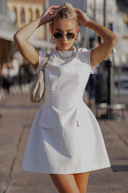 Round Neck Short Sleeve A-Line Solid Color Mini Dresses-White-Hayhty.All Rights Reserved.