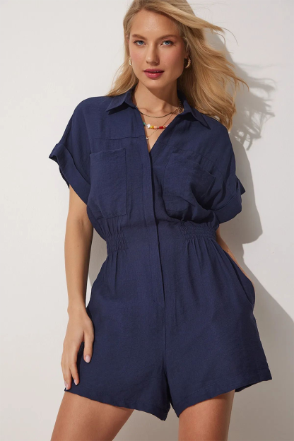 Turndown Collar Short Sleeve Pockets Solid Color Casual Playsuit Romper-Khaki-Hayhty.All Rights Reserved.