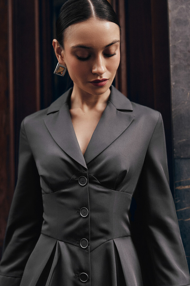 Long Sleeve Button Up Colorblock Pleated Blazer Mini Dresses-Grey-Hayhty.All Rights Reserved.