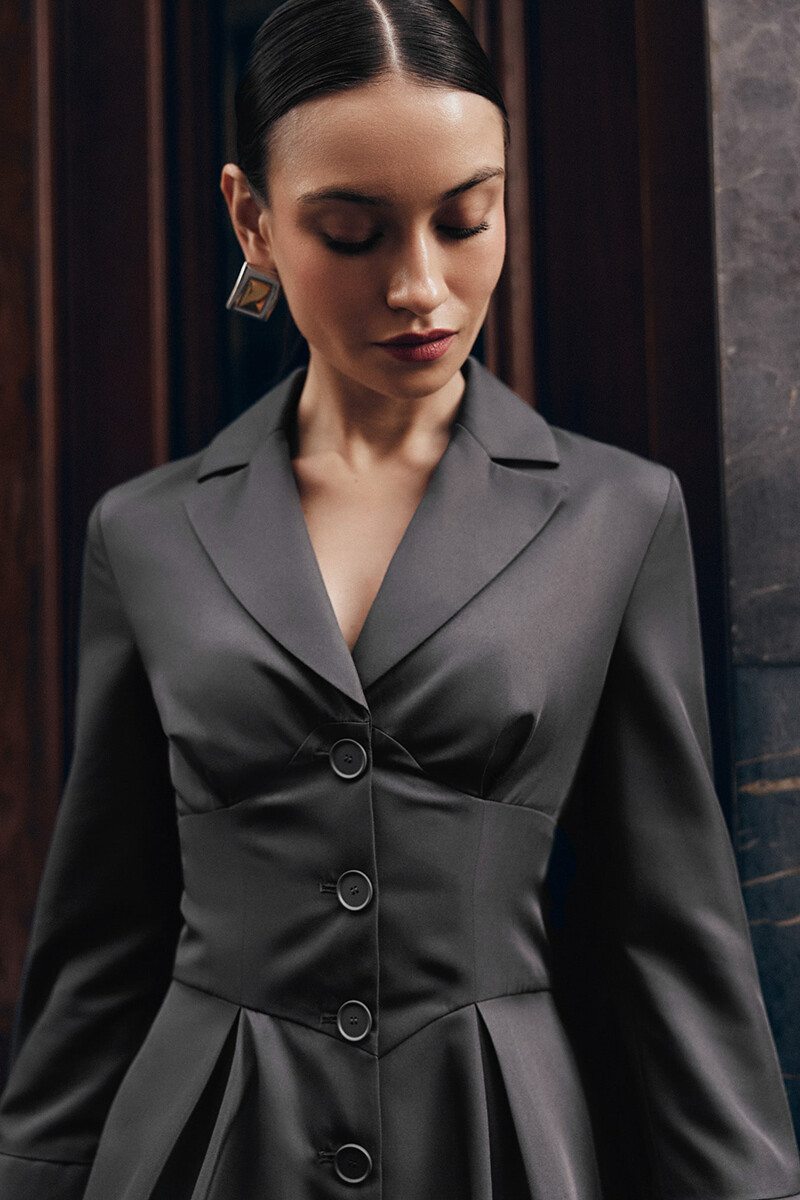 Long Sleeve Button Up Colorblock Pleated Blazer Mini Dresses-Grey-Hayhty.All Rights Reserved.