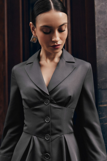 Long Sleeve Button Up Colorblock Pleated Blazer Mini Dresses-Grey-Hayhty.All Rights Reserved.
