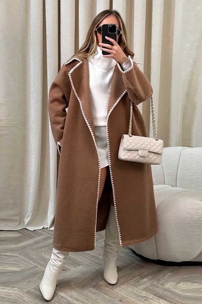 Wavy Edge Lapel Collar Long Sleeve Loose Fit Woolen Coat-Black-Hayhty.All Rights Reserved.