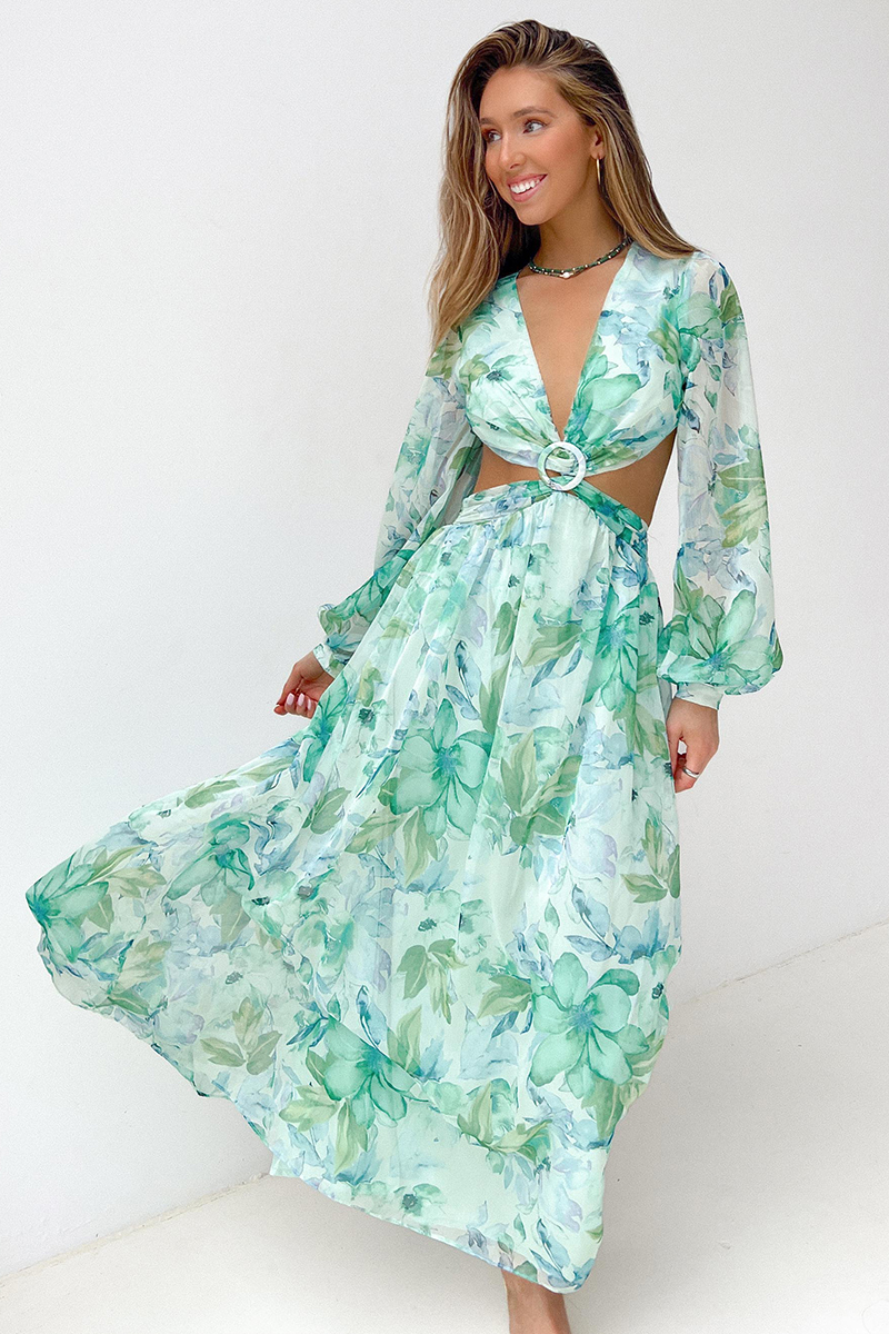 Deep V Neck Cutout Floral Print Ring Decor Long Puffy Sleeve Backless Vacation Maxi Dresses-Hayhty.All Rights Reserved.