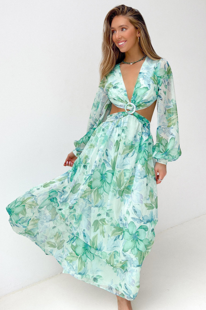 Deep V Neck Cutout Floral Print Ring Decor Long Puffy Sleeve Backless Vacation Maxi Dresses-Hayhty.All Rights Reserved.