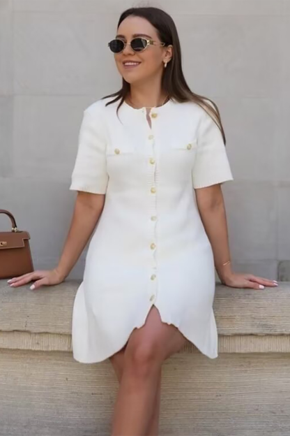 Knit Round Neck Short Sleeve Button Up Plain Mini Dresses-White-Hayhty.All Rights Reserved.