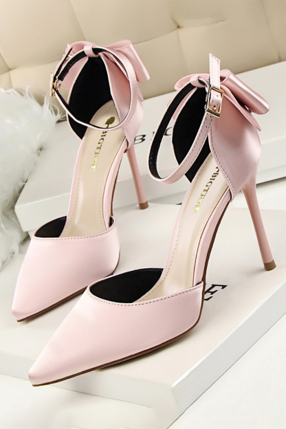 Satin Pointy Toe Ankle Strap Back Bow Stiletto Heels-Red-Hayhty.All Rights Reserved.