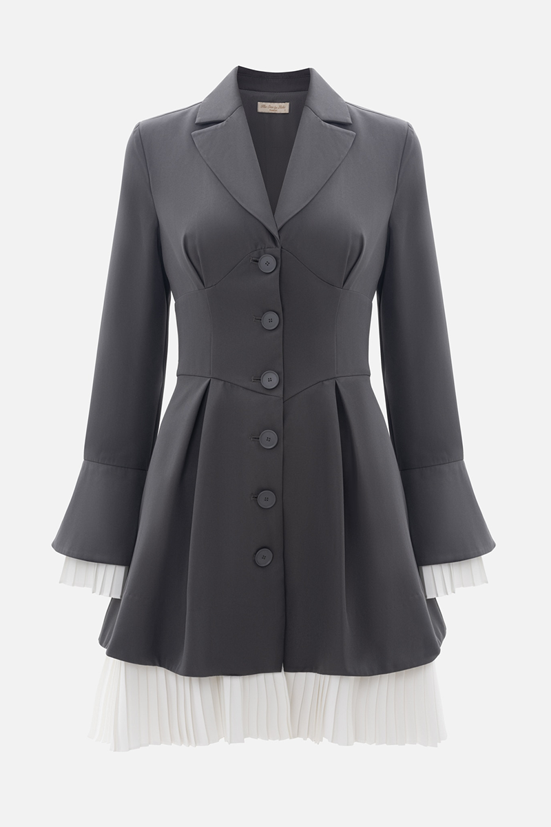 Long Sleeve Button Up Colorblock Pleated Blazer Mini Dresses-Grey-Hayhty.All Rights Reserved.