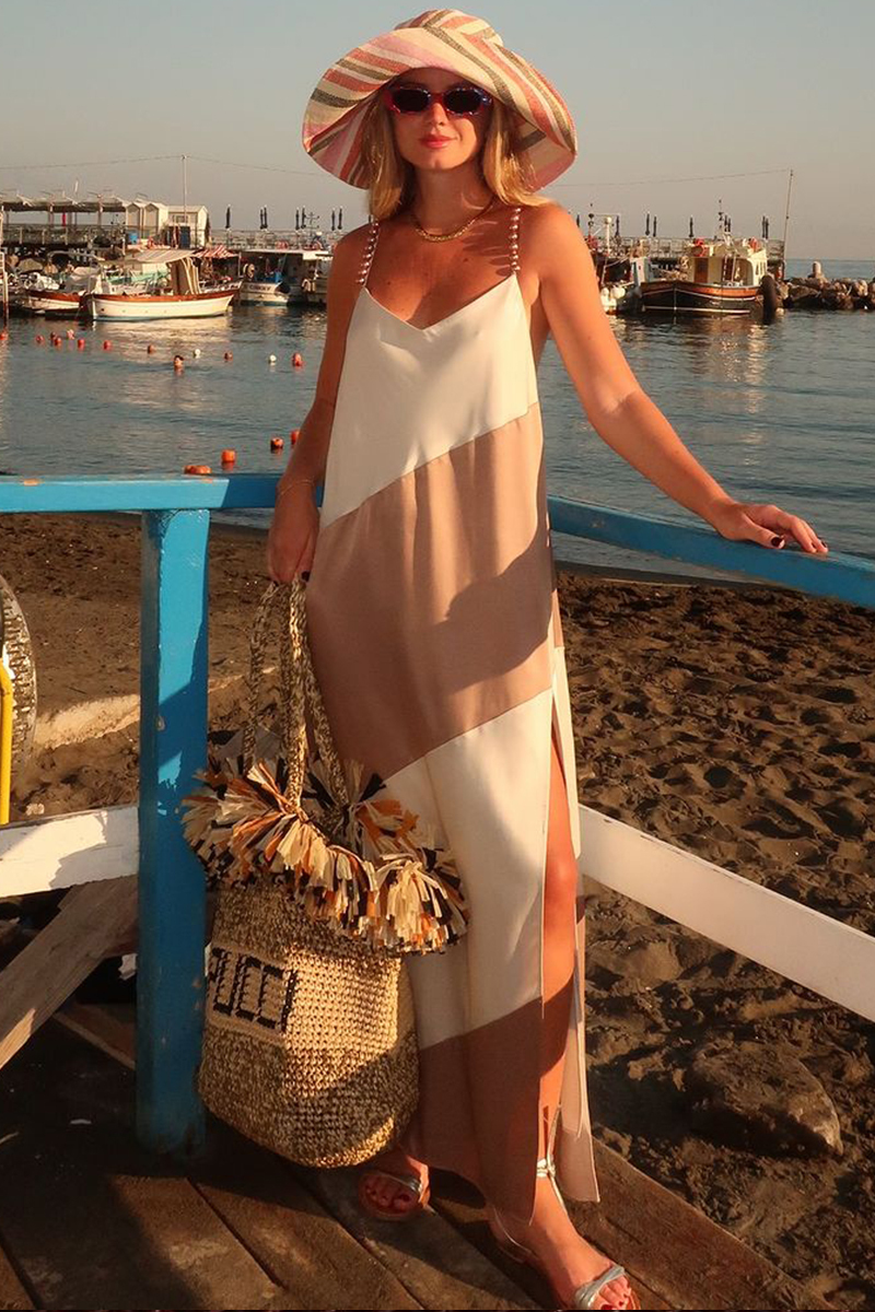 Colorblock Loose Fit Side Slit Pearls Cami Maxi Dresses-Brown-Hayhty.All Rights Reserved.