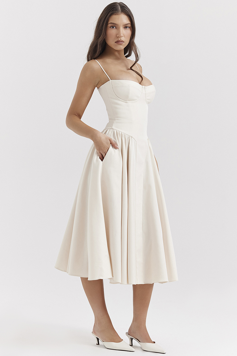 Elegant Cinch Waist Pleated Formal Party Slip Midi Dresses-Beige-Hayhty.All Rights Reserved.