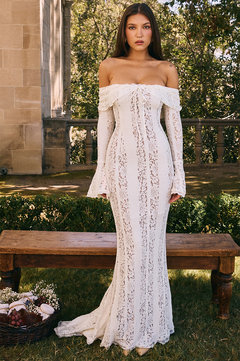 Floral Lace Off Shoulder Flare Sleeve Fishtail Maxi Dresses-White-Hayhty.All Rights Reserved.
