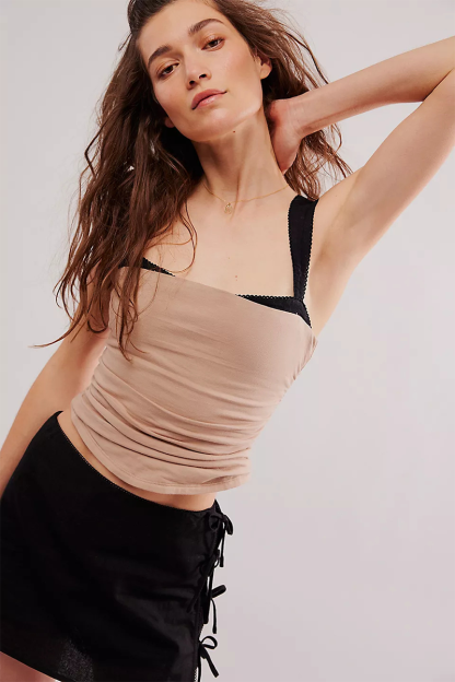 Slim Fit Ruched Colorblock Wide Straps Crop Top-Orange-Hayhty.All Rights Reserved.