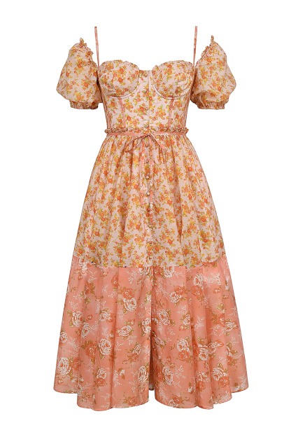 Floral Print Puff Sleeve Cinch Waist Colorblock Midi Dresses-Orange-Hayhty.All Rights Reserved.