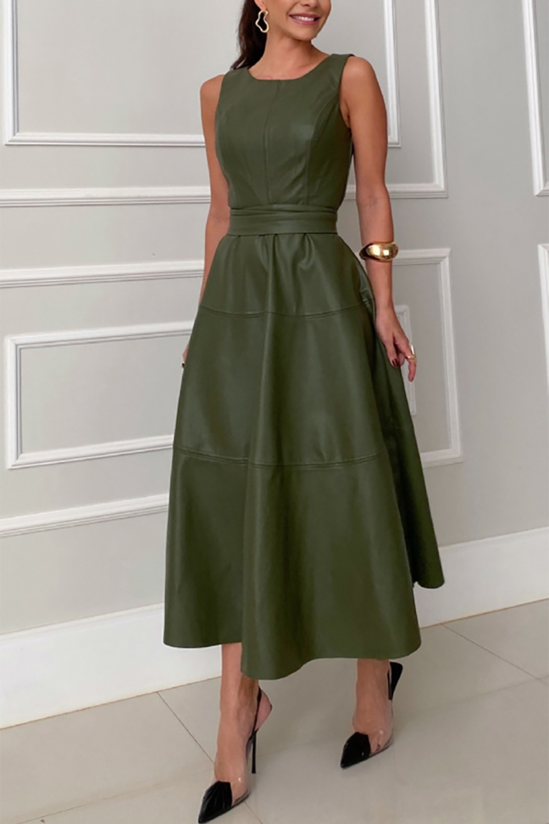 Faux Leather Solid Color A-Line Midi Tank Dresses-Green-Hayhty.All Rights Reserved.