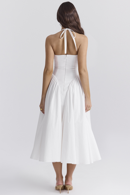 Deep V Neck Halter Cinch Waist Plain Midi Dresses-White-Hayhty.All Rights Reserved.