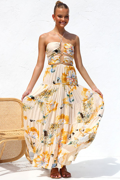 Cutout Halter Print Tiered Backless Vacation Maxi Dresses-Hayhty.All Rights Reserved.