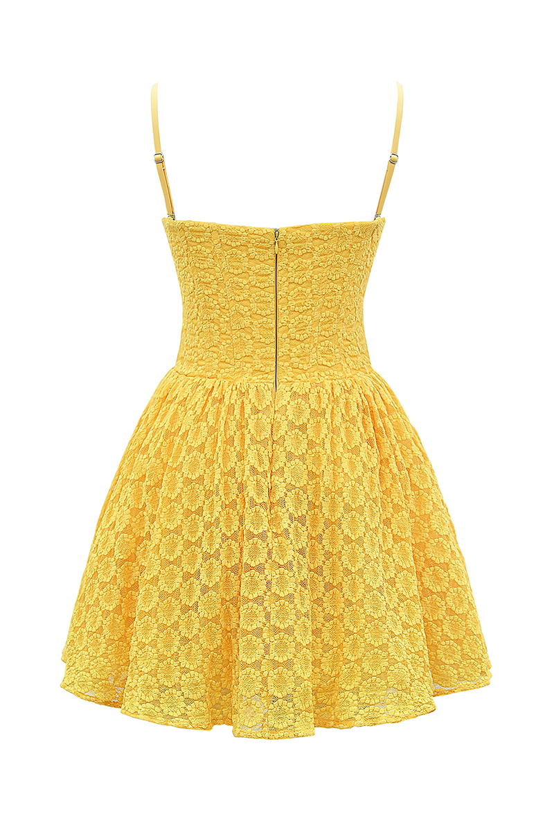 Daisy Pattern Lace Cinch Waist Slip Mini Dresses-Yellow-Hayhty.All Rights Reserved.
