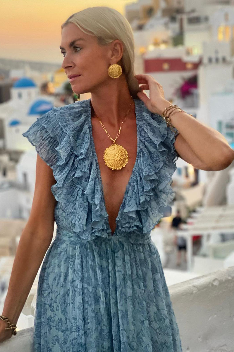 Ruffle V Neck Sleeveless Floral Print Party Maxi Tulle Dresses-Hayhty.All Rights Reserved.