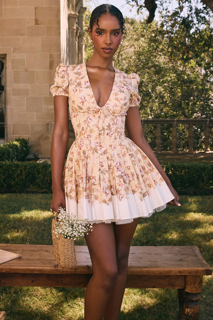 Floral Print Deep V Neck Juliet Sleeve Corset Mini Dresses-Yellow-Hayhty.All Rights Reserved.