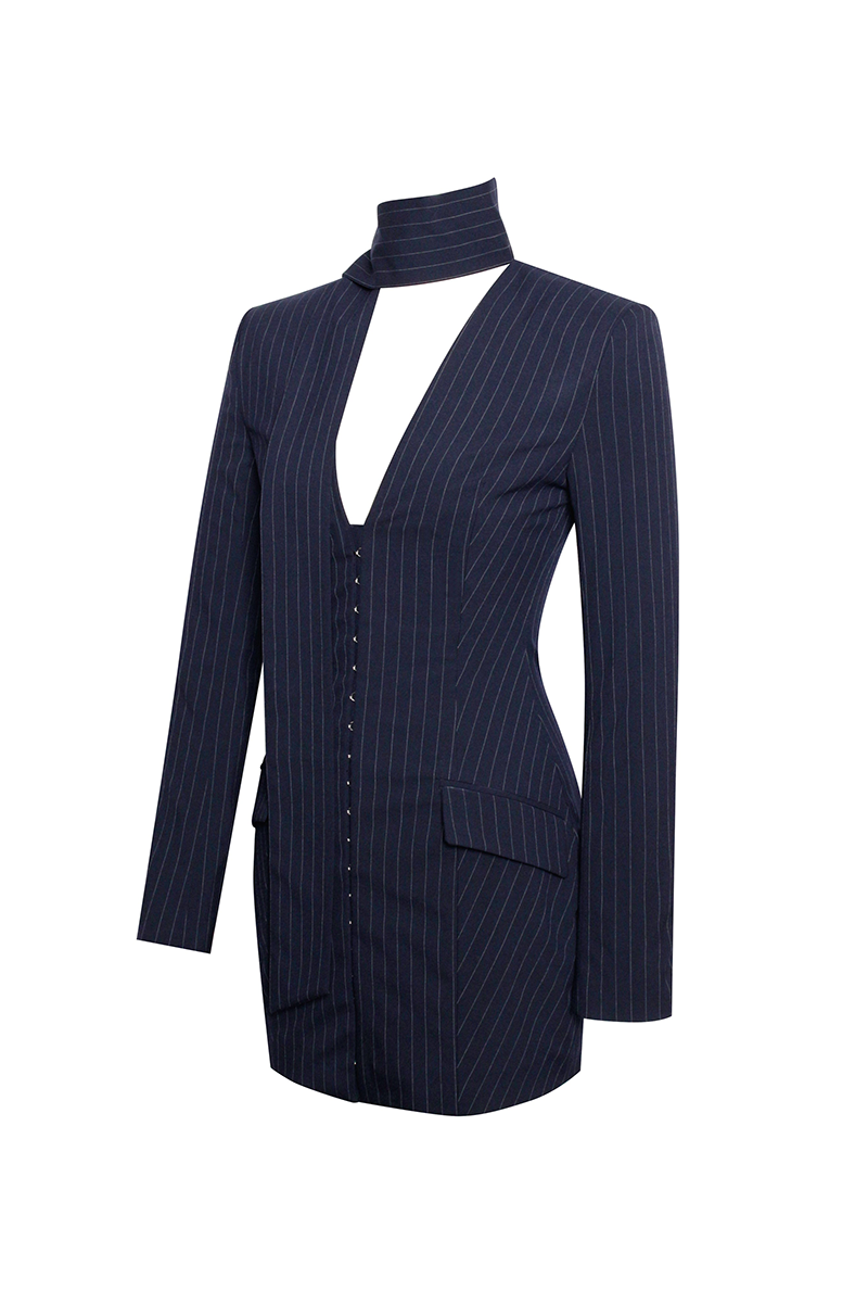 Long Sleeve Deep V Pinstripes Blazer Mini Dresses-Navy-Hayhty.All Rights Reserved.