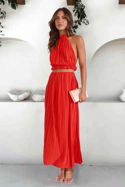 Tied Up Halter Neck Backless Crop Top Slit Maxi Skirt Pleated Slim Matching Sets-Hayhty.All Rights Reserved.