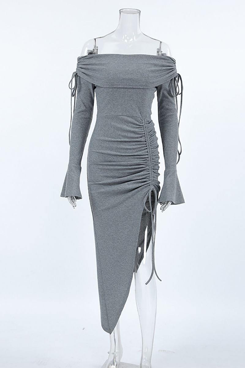 Off Shoulder Flare Sleeve Ruched Slit Knit Irregular Midi Dresses-Grey-Hayhty.All Rights Reserved.