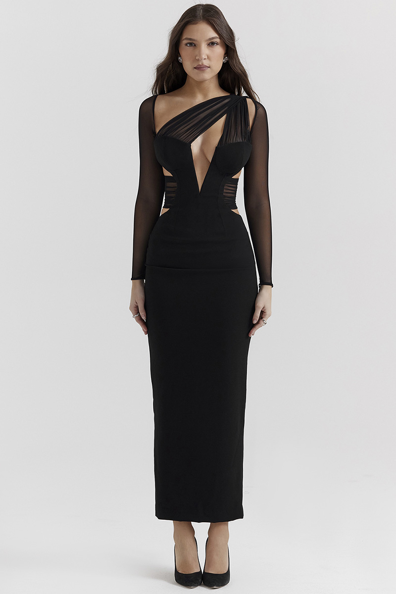 Irregular Cutout Long Sleeve Slim Fit Mesh Maxi Dresses-Black-Hayhty.All Rights Reserved.