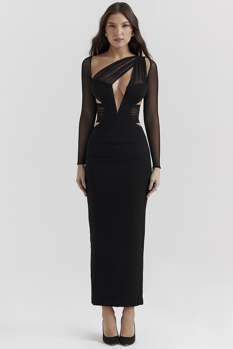 Irregular Cutout Long Sleeve Slim Fit Mesh Maxi Dresses-Black-Hayhty.All Rights Reserved.