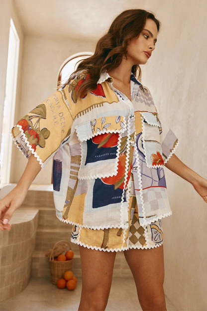 Wavy Trim Mixed Print Half Sleeve Pocket Blouse Shorts Matching Set-Beige-Hayhty.All Rights Reserved.