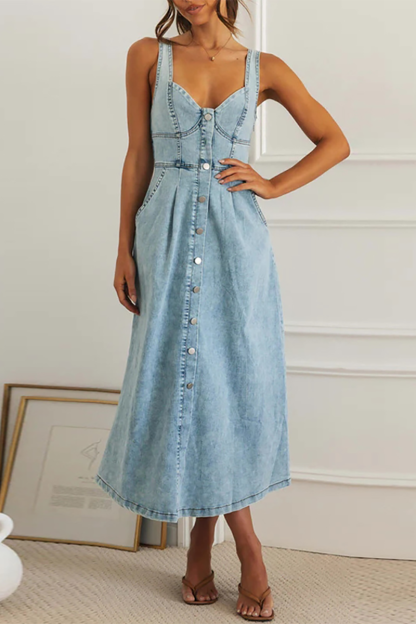 Irregular Neck Cinch Waist Button Up Denim Slip Midi Dresses-Blue-Hayhty.All Rights Reserved.