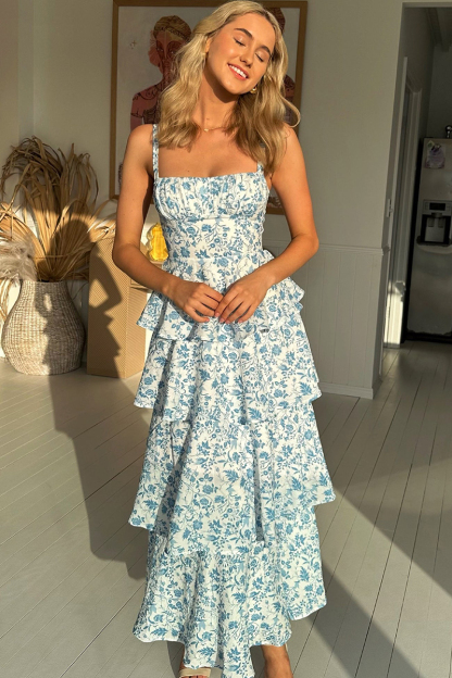 Floral Print Square Neck Straps Back Ribbon Cut Out Tiered Wedding Guest Maxi Dresses-Blue-Hayhty.All Rights Reserved.