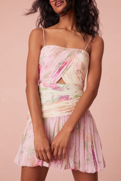 Floral Print Pleated Cinch Waist Bubble Hem Spaghetti Strap Mini Dresses-Pink-Hayhty.All Rights Reserved.