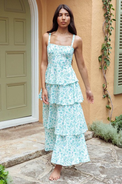 Floral Print Square Neck Straps Back Ribbon Cut Out Tiered Wedding Guest Maxi Dresses-Blue-Hayhty.All Rights Reserved.
