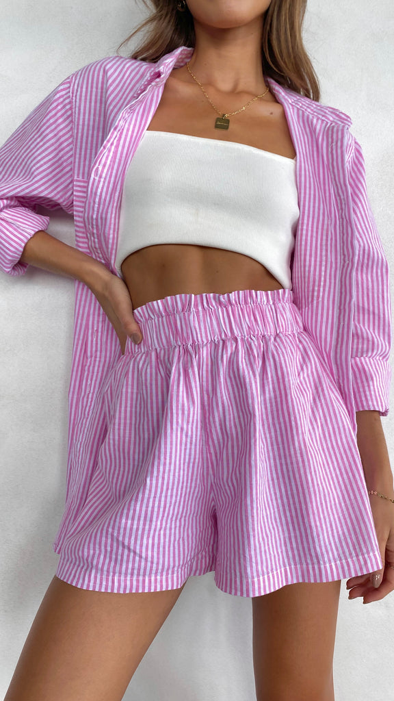 Relaxed Fit Button Up Shirt Set-Pink/Blue Stripe-Hayhty.All Rights Reserved.