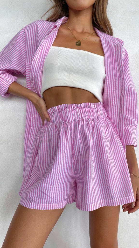 Relaxed Fit Button Up Shirt Set-Pink/Blue Stripe-Hayhty.All Rights Reserved.