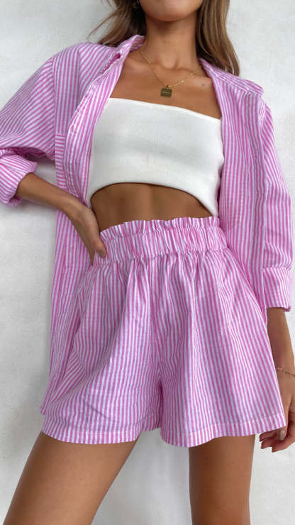 Relaxed Fit Button Up Shirt Set-Pink/Blue Stripe-Hayhty.All Rights Reserved.