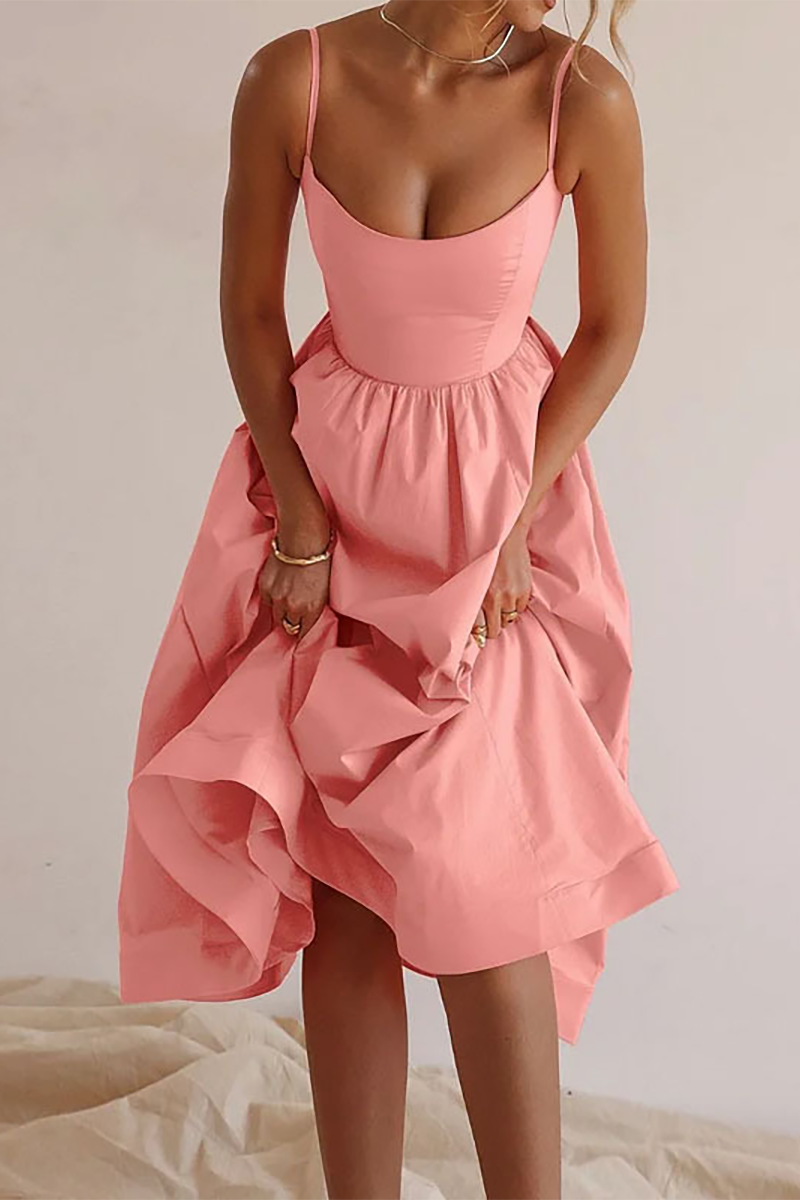 Solid Color U Neck Cinch Waist Spaghetti Strap Midi Dresses-Pink-Hayhty.All Rights Reserved.