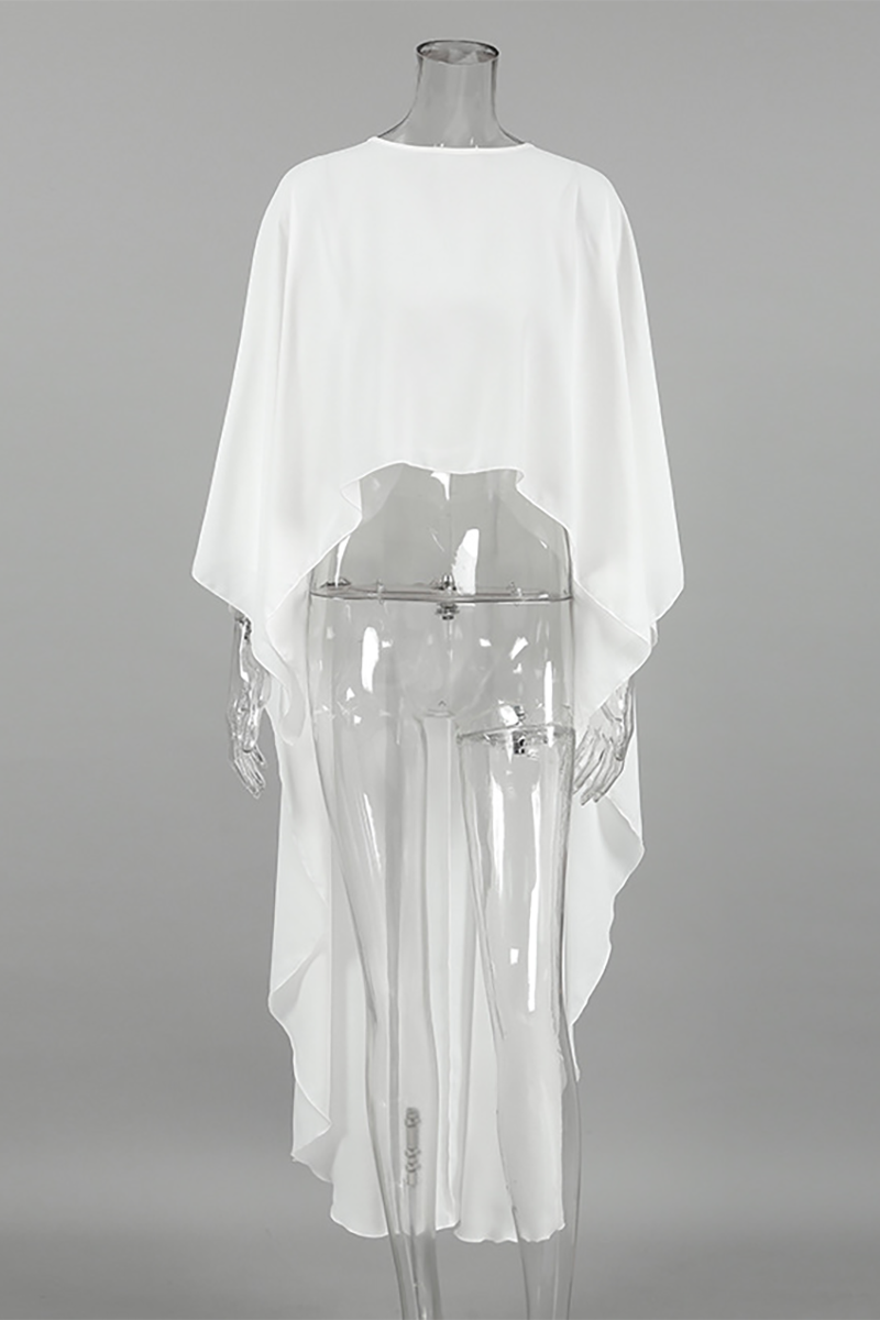 Round Neck Batwing Sleeve Irregular High-Low Flowy Top-White-Hayhty.All Rights Reserved.