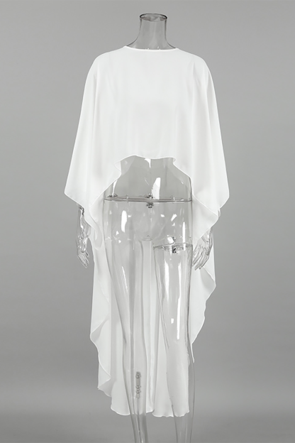 Round Neck Batwing Sleeve Irregular High-Low Flowy Top-White-Hayhty.All Rights Reserved.