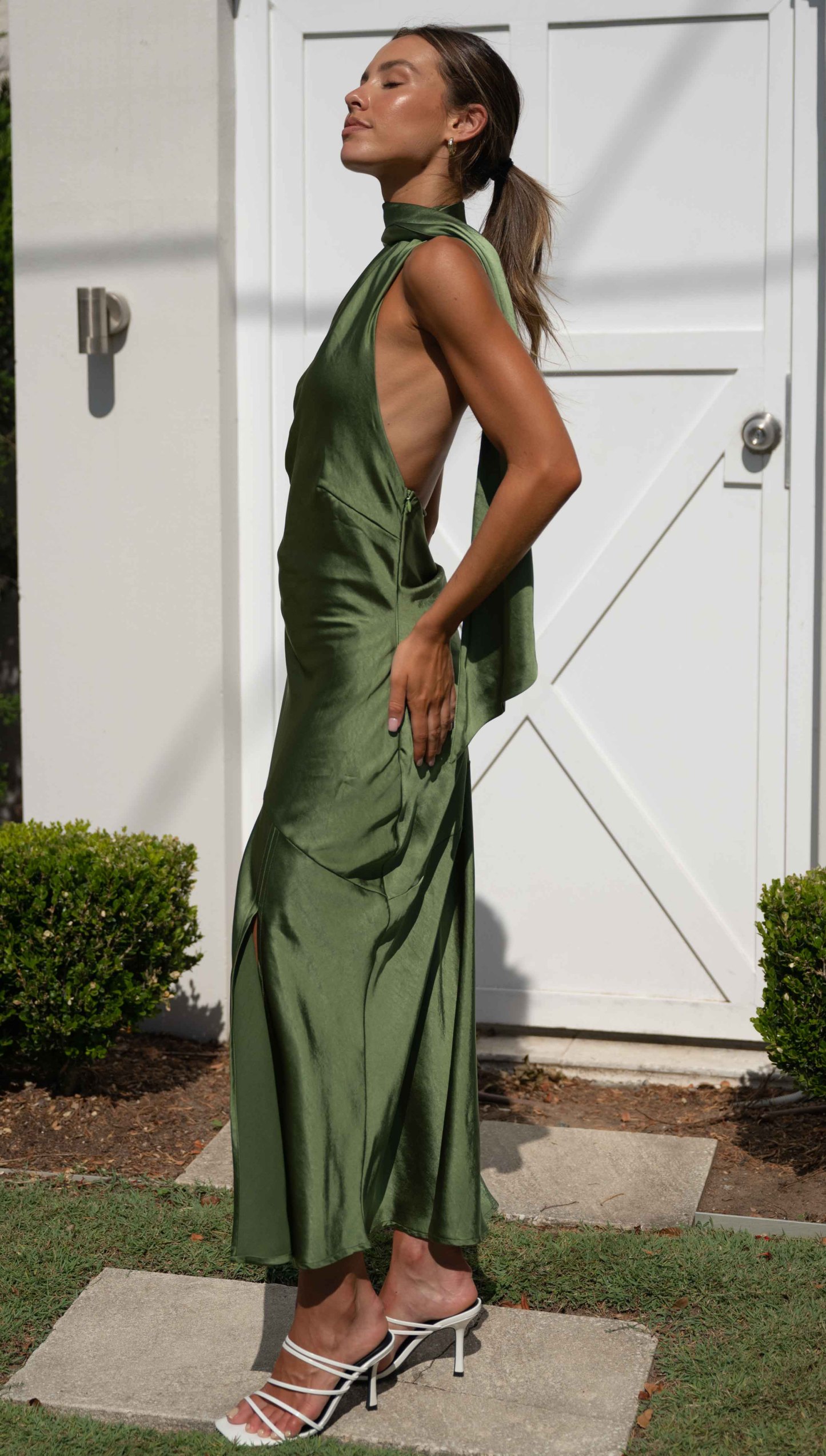 High Halter Open Back Slit Midi Dresses-Hayhty.All Rights Reserved.