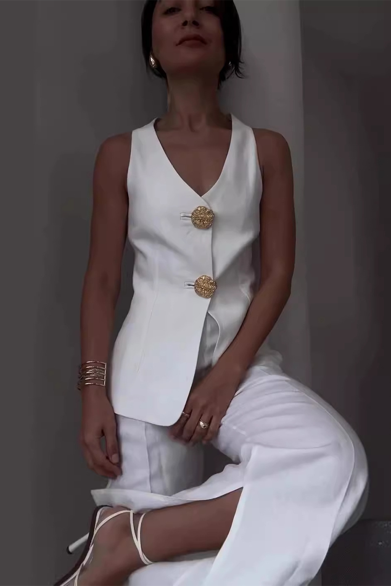 Metal Button Up V Neck Vest Slit Wide Leg Pants Matching Set-Grey-Hayhty.All Rights Reserved.