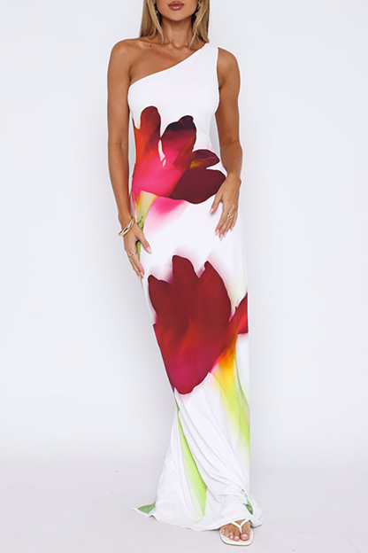 Sleeveless Floral Print Slim Fit One Shoulder Maxi Dresses-White-Hayhty.All Rights Reserved.