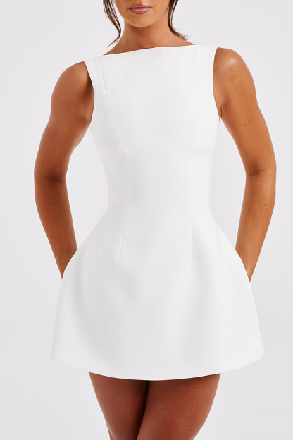 Solid Color A-Line Backless Mini Tank Dresses-White-Hayhty.All Rights Reserved.