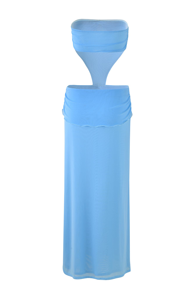 Ruched Metal Decor Cutout High Slit Strapless Maxi Dresses-Blue-Hayhty.All Rights Reserved.