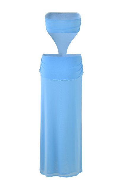 Ruched Metal Decor Cutout High Slit Strapless Maxi Dresses-Blue-Hayhty.All Rights Reserved.