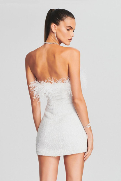 Sequin Strapless Feather Trim Bodycon Mini Party Dresses-Hayhty.All Rights Reserved.