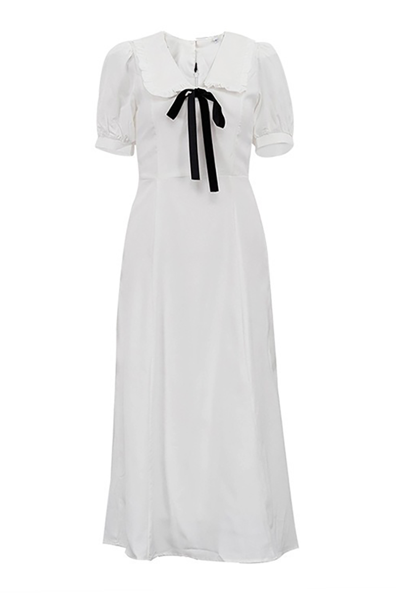 Doll Collar Front Tie Up Puff Sleeve A-Line Midi Dresses-White-Hayhty.All Rights Reserved.