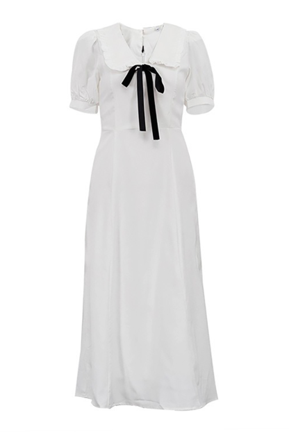 Doll Collar Front Tie Up Puff Sleeve A-Line Midi Dresses-White-Hayhty.All Rights Reserved.